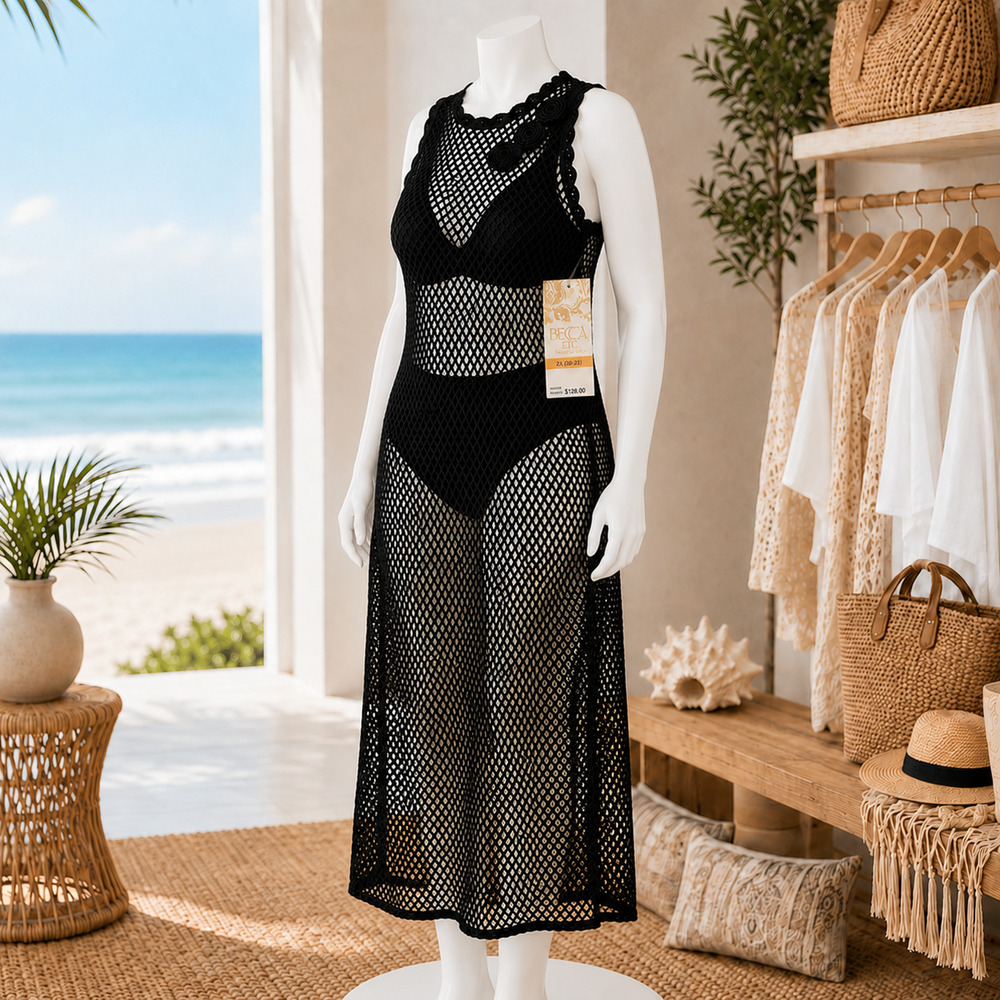 NWT BECCA Castaway Island Crochet Mesh Cover Up Dress Black 2X $128 - Picture 2 of 7